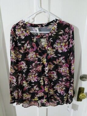 NY Collection Black Blouse with Pink & Yellow Floral Print